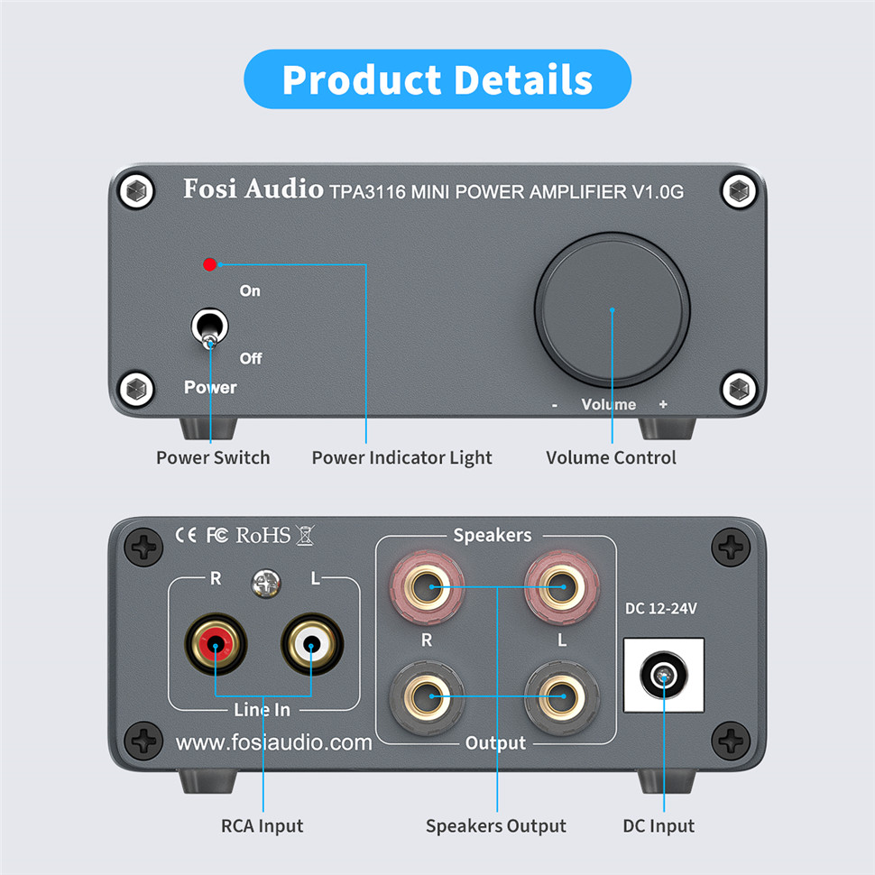 Fosi Audio V1.0G Mini Stereo Audio Amplifier - View 3